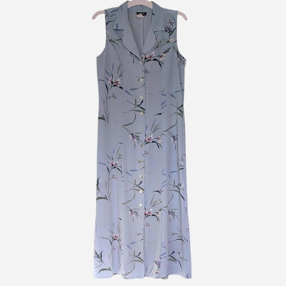 90s Powder Blue Button Front Maxi Dress Minimal Floral Slip Dress S